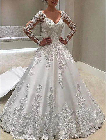 Verlobungs-Hochzeitskleider Ballkleid Schatz Langarm Hofschleppe Satin Brautkleider mit Knöpfen Applikationen