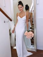 Sheath/Column Spaghetti Straps NS Elastic Woven Satin Sleeveless Ruched Sweep/Brush Train Wedding Dresses