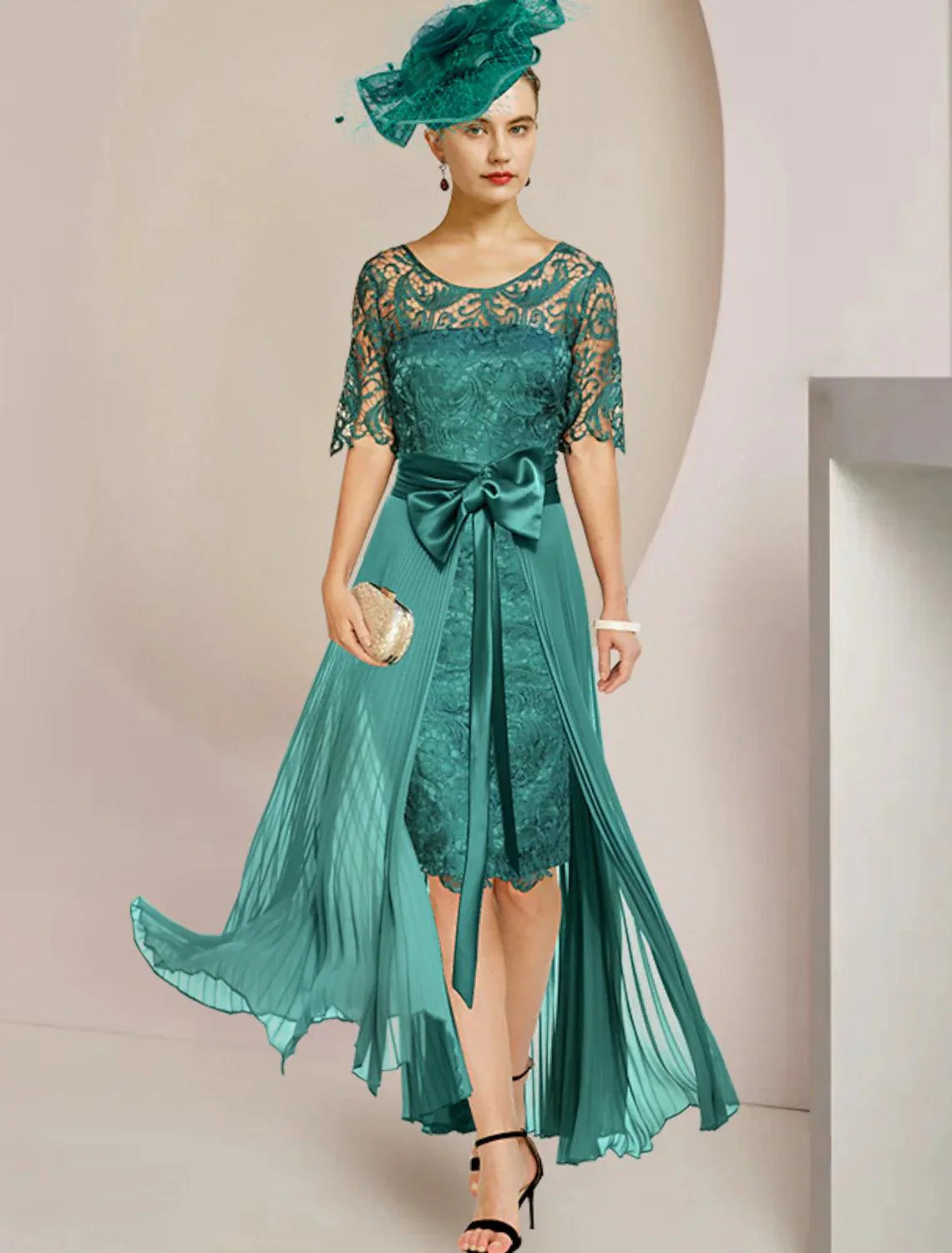 Vestido de mãe da noiva de duas peças, estilo coluna, formal, para convidada de casamento, elegante, destacável, decote redondo, comprimento até ao joelho, chiffon, renda, sem mangas, com laço(s), pregas, aplicações