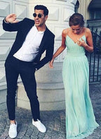 A-line Sweetheart Spaghetti Straps Open Back Long Chiffon Prom Dress