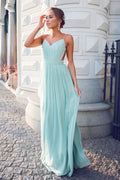 Vestido de fiesta largo de gasa con escote corazón, tirantes finos y espalda abierta en corte A
