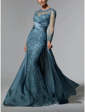 Vestido para mãe da noiva, convidada de casamento, elegante, decote em joia, cauda comprida em cetim elástico com renda e lantejoulas
