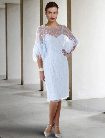 Etuikleid/Säulenkleid für die Mutter der Braut, Herbst, Hochzeitsgast, funkelnd und glänzend, elegant, Rundhalsausschnitt, knielang, Stretch-Chiffon, halbe Ärmel, mit Federn, Perlen, Pailletten