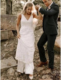Abiti da Sposa da Cerimonia Formali a Treno a Coda con Scollo a V Senza Maniche Modello Sirena/Trumpet in Pizzo Ricamato