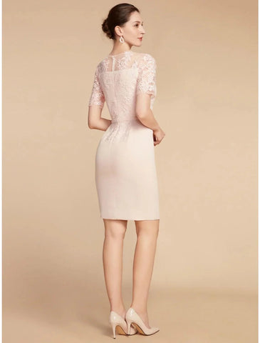 Zweiteiliges A-Linien-Kleid für die Mutter der Braut, Hochzeitsgast, elegant, zierlich, Rundhalsausschnitt, kurz/Mini, Spitze, Stretch-Stoff, 3/4-Ärmel mit Schleife(n), Rüschen, einfarbig