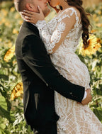 Engagement Formal Boho Wedding Dresses Mermaid / Trumpet Illusion Neck Long Sleeve Sweep / Brush Train Lace Bridal Gowns With Appliques