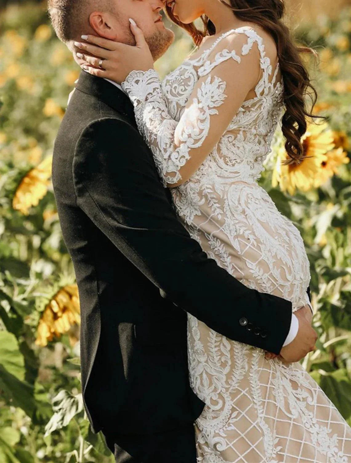 Engagement Formal Boho Wedding Dresses Mermaid / Trumpet Illusion Neck Long Sleeve Sweep / Brush Train Lace Bridal Gowns With Appliques