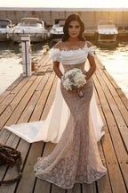Moderne Off-the-Shoulder-Meerjungfrau-Brautkleider mit Spitze