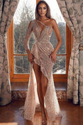 Abendkleid im Meerjungfrau-Stil mit One-Shoulder-Träger und langen Ärmeln und Perlen