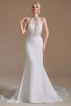 Modest Long Mermaid Halter Backless Satin Wedding Dresses with Appliques Lace by BIZTUNNEL