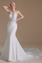Modest Long Mermaid Halter Backless Satin Wedding Dresses with Appliques Lace