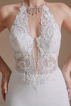 Modest Long Mermaid Halter Backless Satin Wedding Dresses with Appliques Lace by BIZTUNNEL
