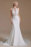 Modest Long Mermaid Halter Backless Satin Wedding Dresses with Appliques Lace by BIZTUNNEL