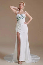 Modest Long Mermaid Satin Spaghetti Straps Open Back Wedding Dress with slit by BIZTUNNEL