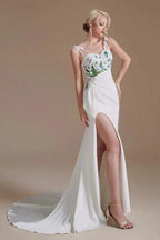 Modest Long Mermaid Satin Spaghetti Straps Open Back Wedding Dress with slit by BIZTUNNEL