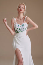 Modest Long Mermaid Satin Spaghetti Straps Open Back Wedding Dress with slit