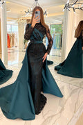 Vestido de Noche de Satén Negro con Lentejuelas y Mangas Largas Modestas, Estilo Sirena para Baile de Graduación