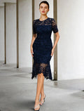 Etuikleid/Säulenkleid für die Brautmutter, schlicht, elegant, hoch, tief, Rundhalsausschnitt, knielang, Spitze, kurze Ärmel, mit Applikationen, einfarbig