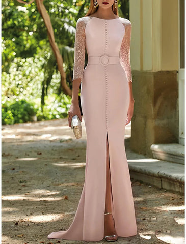 Meerjungfrau/Trompete Kleid für die Mutter der Braut, Hochzeitsgast, elegant, U-Ausschnitt, Schleppe/Pinselschleppe, Stretch-Stoff, 3/4-Ärmel mit Spitze, Schlitz vorne, Rüschen