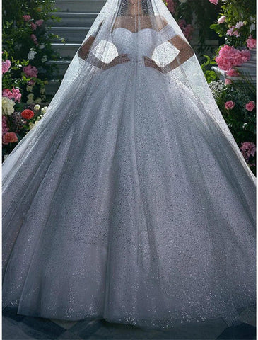Verlobungs-Brautkleider mit Glitzer und Glanz, Ballkleid, schulterfrei, Flügelärmel, Kapellenschleppe, Pailletten-Brautkleider mit Volltonfarbe