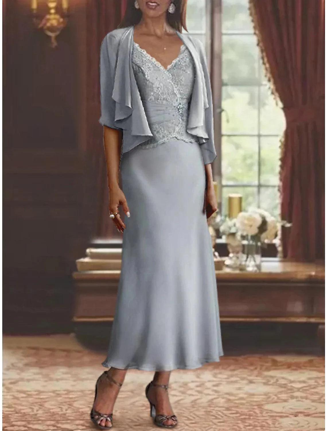 Vestido de mãe da noiva em duas peças, estilo sereia/trompete, formal, para casamento, vintage, elegante, decote em V, comprimento até ao tornozelo, chiffon, renda, manga 3/4, envoltório incluído com franzido