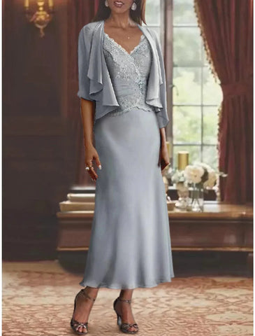 Zweiteiliges Meerjungfrau-/Trompetenkleid für die Mutter der Braut, formeller Hochzeitsgast, Vintage, elegant, V-Ausschnitt, knöchellang, Chiffon, Spitze, 3/4-Ärmel, Wickelkleid inklusive, mit Rüschen