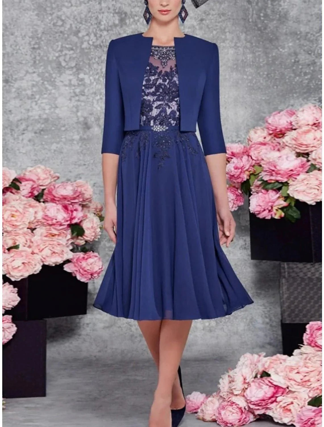 Vestido de mãe da noiva de duas peças, para convidada de casamento, festa na igreja, elegante, decote redondo, comprimento até ao joelho, chiffon, renda, meia manga com pregas, lantejoulas