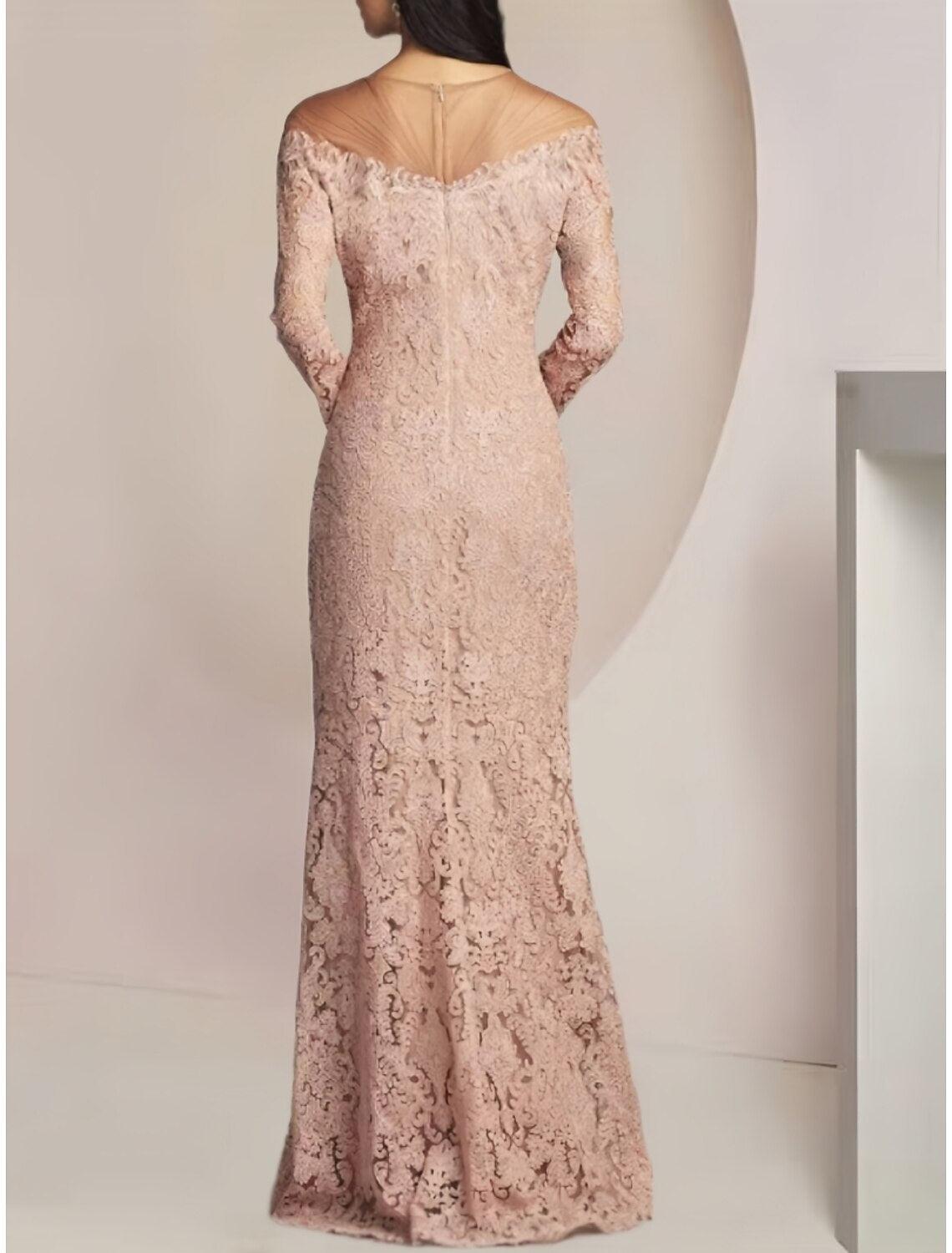 Vestido de festa tubinho/coluna para mãe da noiva, convidada de casamento, elegante, decote ilusão, comprimento até ao chão, renda, manga comprida, cor sólida