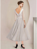 Etuikleid/Säulenkleid für die Brautmutter, Hochzeitsgast, minimalistisch, elegant, U-Ausschnitt, knielang, Satin, Spitze, halbe Ärmel mit Rüschen