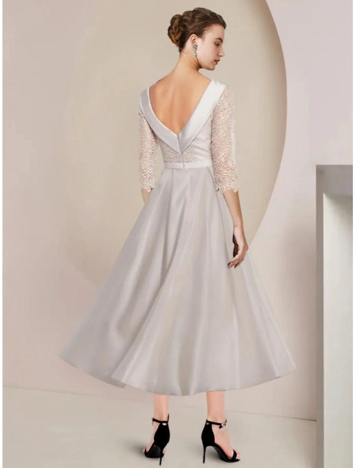 Vestido de mãe da noiva com bainha/coluna, para convidada de casamento, minimalista, elegante, decote redondo, comprimento chá, cetim, renda, meia manga com franzido