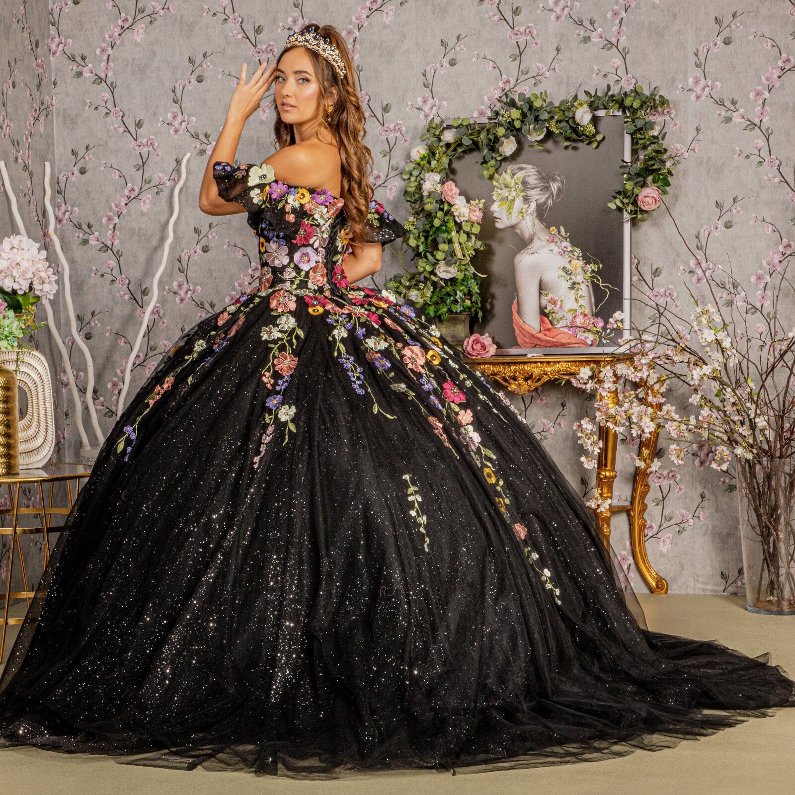 Multicolor Floral Applique Ball Gown by Elizabeth K GL3177