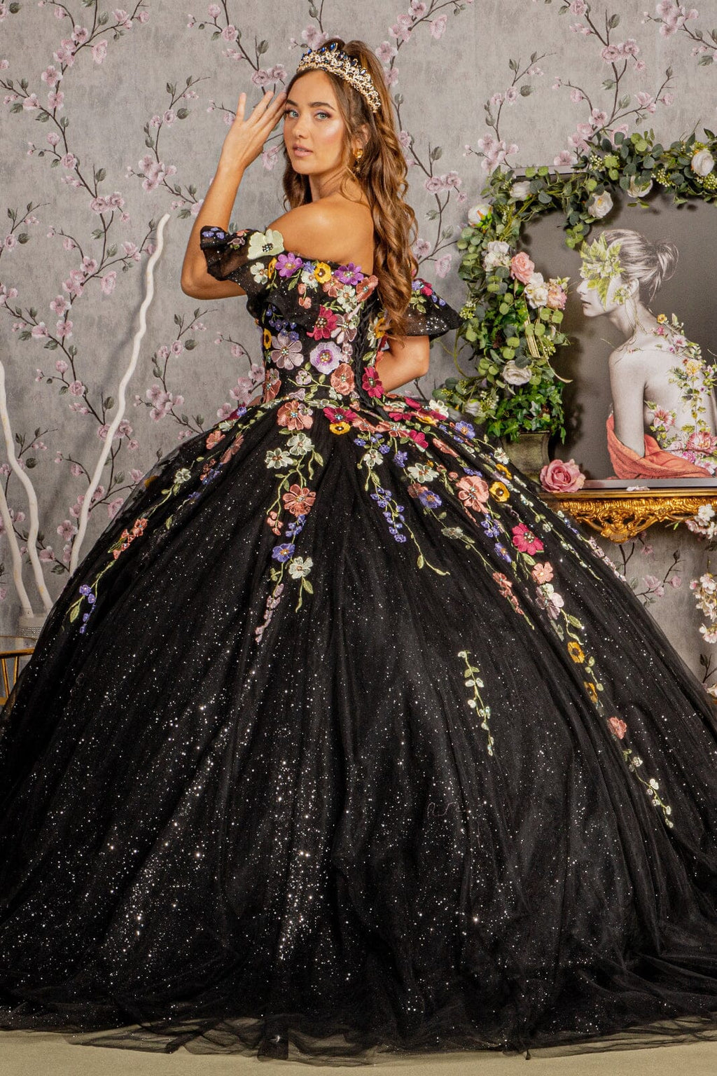 Multicolor Floral Applique Ball Gown by Elizabeth K GL3177