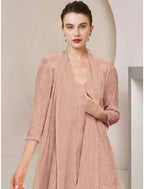 Vestido de mãe da noiva de duas peças, simples, pequeno, decote redondo, comprimento até ao joelho, renda, manga 3/4 com pregas, cor sólida