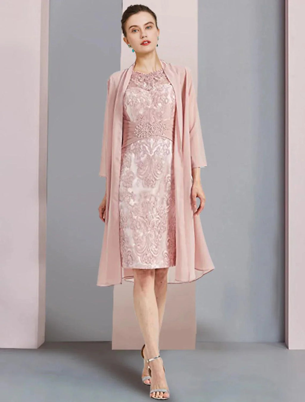 Vestido de mãe da noiva de duas peças, bainha/coluna, formal, para convidada de casamento, elegante, decote redondo, comprimento até ao joelho, chiffon, renda, sem mangas, com aplicações de missangas