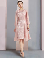 Vestido de mãe da noiva de duas peças, bainha/coluna, formal, para convidada de casamento, elegante, decote redondo, comprimento até ao joelho, chiffon, renda, sem mangas, com aplicações de missangas