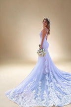 Beautiful Mermaid Tulle Spaghetti Straps Lace Appliques Wedding Dress - As Picture