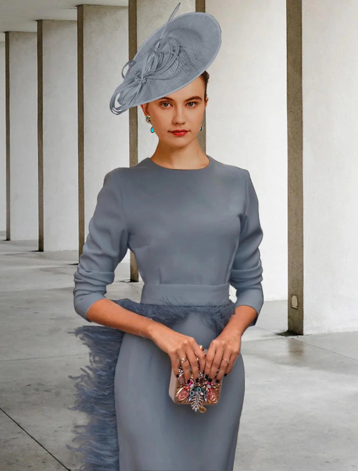 Vestido de mãe da noiva com bainha/coluna, vintage, elegante, decote em joia, comprimento até ao tornozelo, tecido elástico, meia manga, com faixa/fita de penas