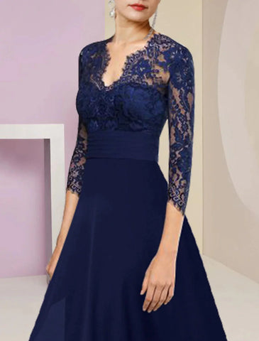Elegantes Kleid für formelle Hochzeitsgäste, hoher und niedriger V-Ausschnitt, asymmetrische knielange Chiffonspitze, 3/4-Ärmel mit gerüschtem Kleid für die Mutter der Braut