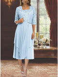 Zweiteiliges A-Linien-Kleid für die Mutter der Braut, formelle Hochzeitsgäste, eleganter quadratischer Ausschnitt, knielang, Chiffon-Spitze, 3/4-Ärmel, Wickelkleid inklusive, mit Falten