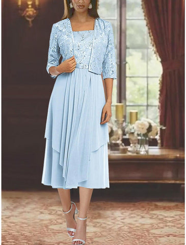 Zweiteiliges A-Linien-Kleid für die Mutter der Braut, formelle Hochzeitsgäste, eleganter quadratischer Ausschnitt, knielang, Chiffon-Spitze, 3/4-Ärmel, Wickelkleid inklusive, mit Falten