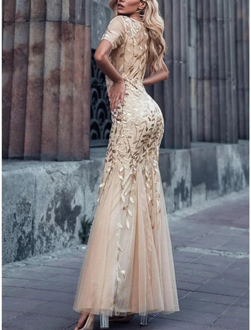 Meerjungfrau/Trompete Kleid für die Mutter der Braut, Hochzeitsgast, funkelnd und glänzend, elegant, Rundhalsausschnitt, bodenlang, mit Pailletten besetzt, kurze Ärmel mit Falten, Pailletten