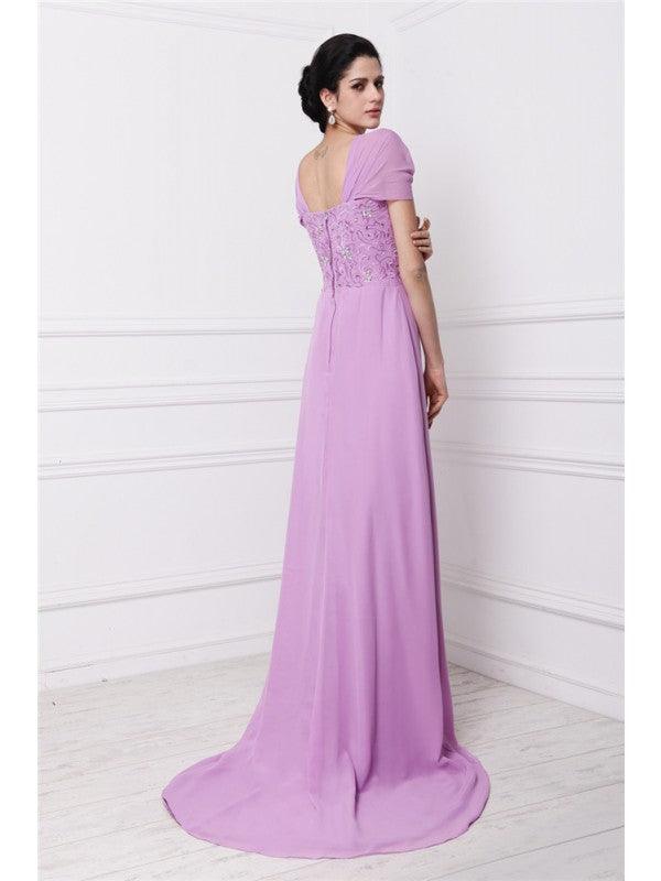 Vestidos compridos em chiffon para mãe da noiva, manga curta, com missangas e bordados, estilo quadrado/coluna