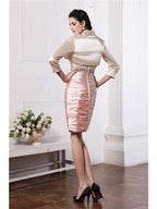 Vestidos curtos de mãe da noiva, sem alças, sem mangas, com missangas, em cetim elástico, com bainha/coluna