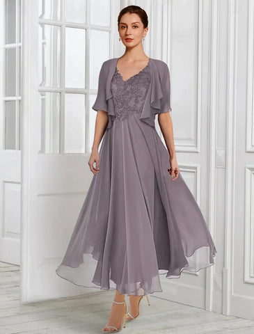Kleid für die Mutter der Braut, formelle Hochzeitsgäste, elegant, V-Ausschnitt, knielang, Chiffon, Spitze, kurzärmelig, Jackenkleider mit Falten