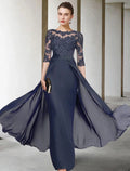 Etuikleid/Säulenkleid für die Brautmutter, Übergröße, elegant, Rundhalsausschnitt, V-Ausschnitt, bodenlang, Chiffon, Spitze, halbe Ärmel mit gerüschten Applikationen