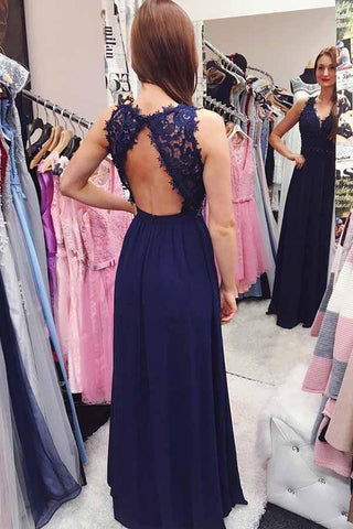 Vestido de festa comprido em chiffon azul-marinho com missangas e costas abertas PG828