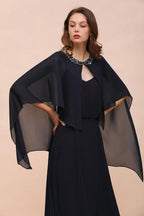 Navy Blue Bridesmaid Dress with Beading Wraps Floor Length Chiffon Maid of Honor Dress