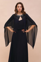 Navy Blue Bridesmaid Dress with Beading Wraps Floor Length Chiffon Maid of Honor Dress