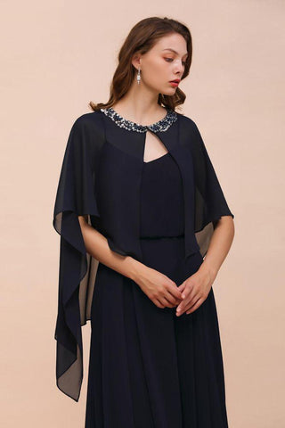 Marineblaues Brautjungfernkleid mit Perlenbesatz, bodenlanges Chiffonkleid für die Trauzeugin