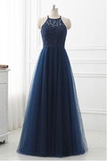 Marineblaues, hochgeschlossenes, langes Ballkleid aus Spitze und Tüll, Abendkleider PSK100